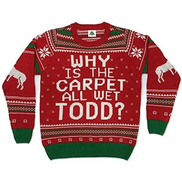 Christmas Vacation Sweater Margot Why Is The Carpet All Wet Todd? Ugly - S / M - Picture 1 of 6